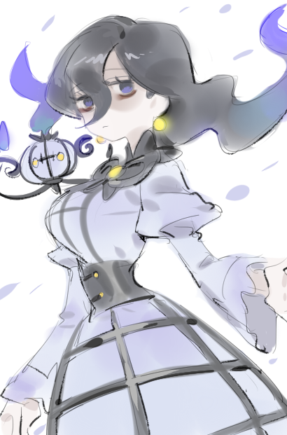 1girl black_corset black_hair black_ribbon black_stripes breasts chandelier chandelure corset dress earrings gen_5_pokemon ghost grey_dress hair_between_eyes hex_maniac_(pokemon) hex_maniac_(pokemon_legends:_z-a) high_collar jewelry juliet_sleeves large_breasts long_hair long_sleeves medium_breasts neck_ribbon nintendo pokemon pokemon_(creature) pokemon_legends:_z-a puffy_sleeves purple_eyes raine_(acke2445) ribbon sphere_earrings striped_clothes striped_dress