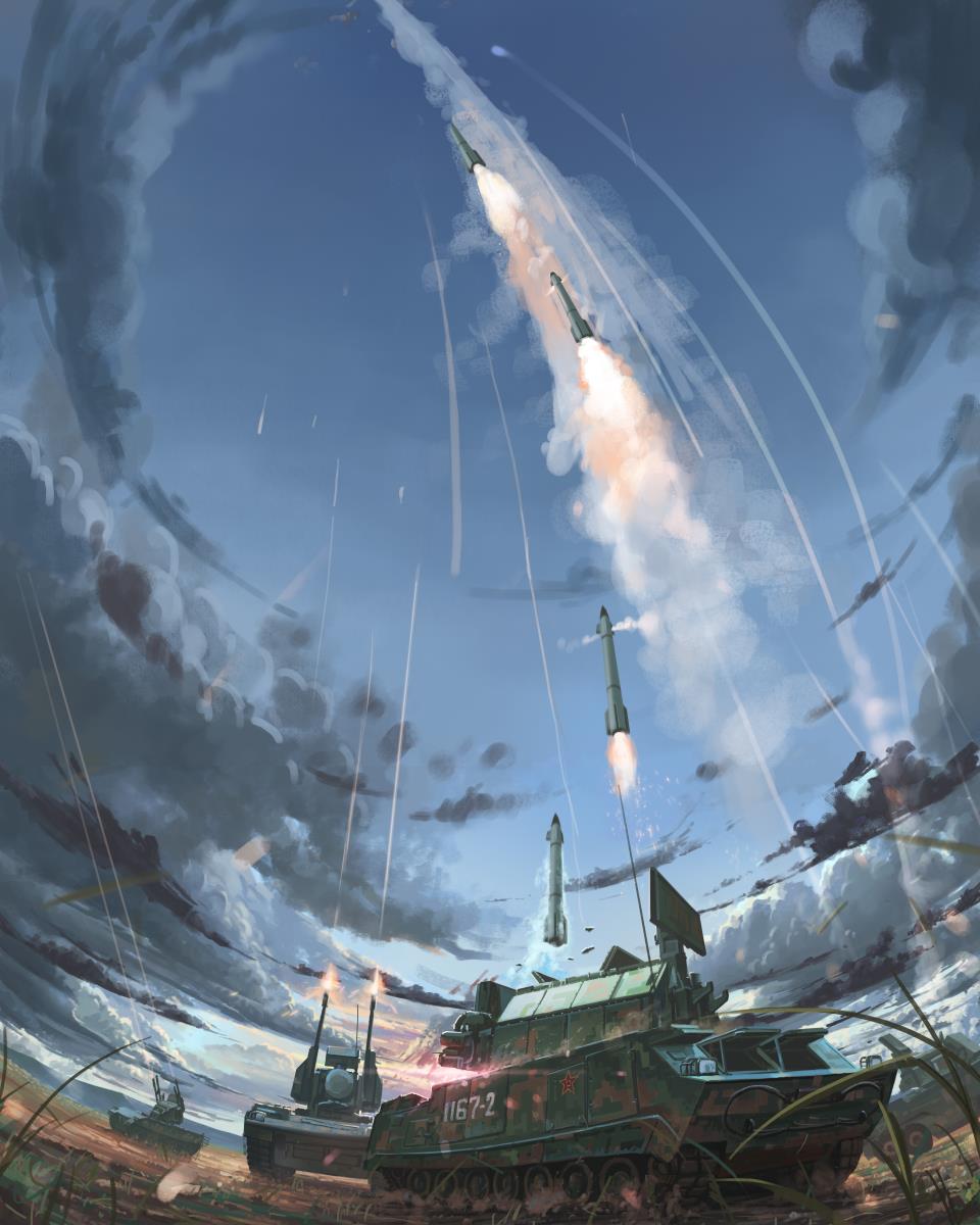 anti-aircraft anti-aircraft_gun anti-aircraft_missile autocannon cannon cloud highres military military_vehicle missile_trail no_humans original people&#039;s_liberation_army people&#039;s_liberation_army_ground_force pgz-09 radar_dish self-propelled_anti-aircraft-gun self-propelled_anti-aircraft_weapon self-propelled_gun shouhui_lang_qun sky smoke tor-m1