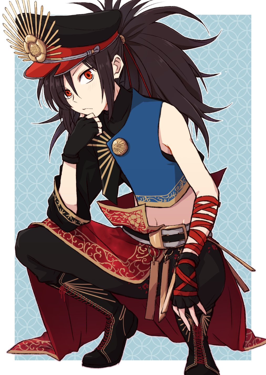 1boy asymmetrical_clothes belt black_belt black_boots black_gloves black_hair black_hat black_pants blue_background boots border closed_mouth crest crop_top crop_top_overhang elbow_on_knee family_crest fate/grand_order fate_(series) fingerless_gloves frown full_body gloves hair_over_one_eye hair_ribbon hair_tie hand_on_own_chin hat highres lace-up_boots light_blush looking_at_viewer looking_up male_focus midriff military_hat navel oda_kippoushi_(fate) oda_nobunaga_(fate) oda_uri outside_border pants peaked_cap ponytail red_eyes red_ribbon ribbon shippou_background single_sleeve solo squatting striped_belt teramoto_kei torn_clothes torn_hat white_belt white_border wrist_wrap