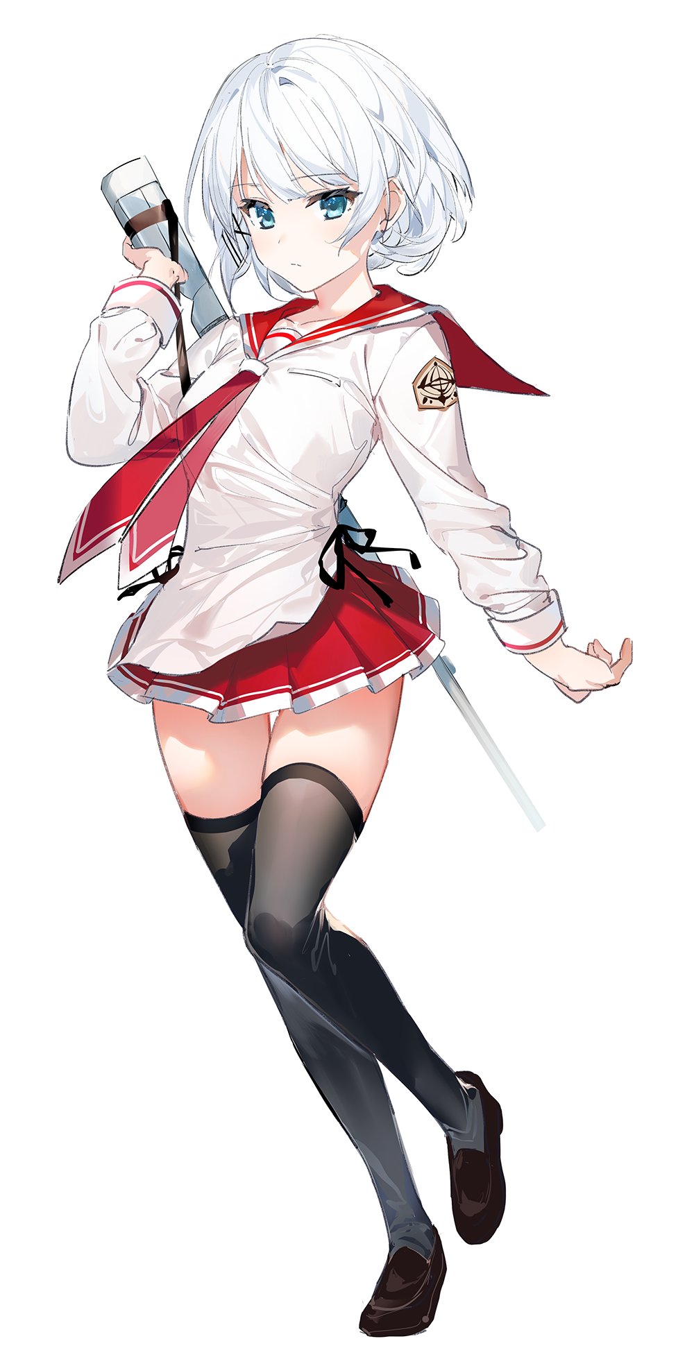 1girl alternate_costume black_thighhighs closed_mouth cosplay full_body green_eyes hidan_no_aria highres holding loafers long_sleeves miniskirt neckerchief pleated_skirt red_neckerchief red_sailor_collar red_skirt sailor_collar sailor_shirt school_uniform serafuku shirt shoes short_hair siesta_(tantei_wa_mou_shindeiru) simple_background skirt solo standing tantei_wa_mou_shindeiru thigh_gap thighhighs umibouzu_(niito) white_background white_hair white_shirt zettai_ryouiki