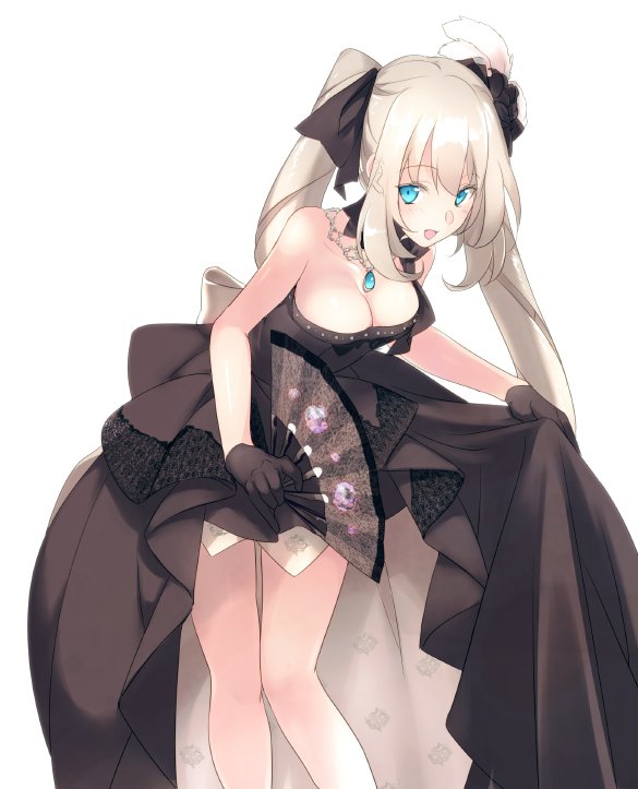 1girl :d black_bow black_dress black_gloves blue_eyes bow breasts choker cleavage dress echo_(circa) fate/grand_order fate_(series) feather_hair_ornament feathers female_focus floating_hair gloves hair_bow hair_ornament hand_fan holding holding_fan jewelry leaning_forward long_hair looking_at_viewer marie_antoinette_(fate) marie_antoinette_(formal_dress)_(fate) medium_breasts necklace official_alternate_costume open_mouth silver_hair simple_background skirt_hold sleeveless sleeveless_dress smile solo standing strapless strapless_dress twintails very_long_hair white_background white_feathers