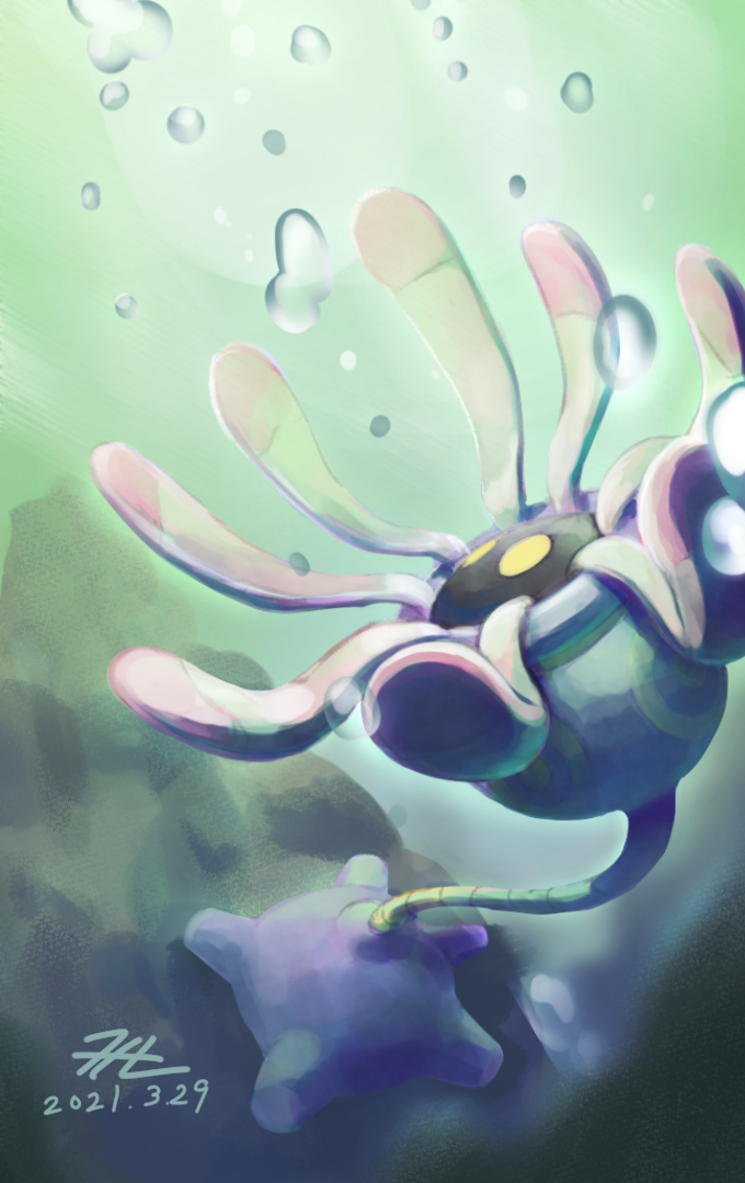air_bubble bubble dated gen_3_pokemon lileep looking_ahead nintendo no_humans null_suke one-hour_drawing_challenge pokemon pokemon_(creature) signature underwater yellow_eyes