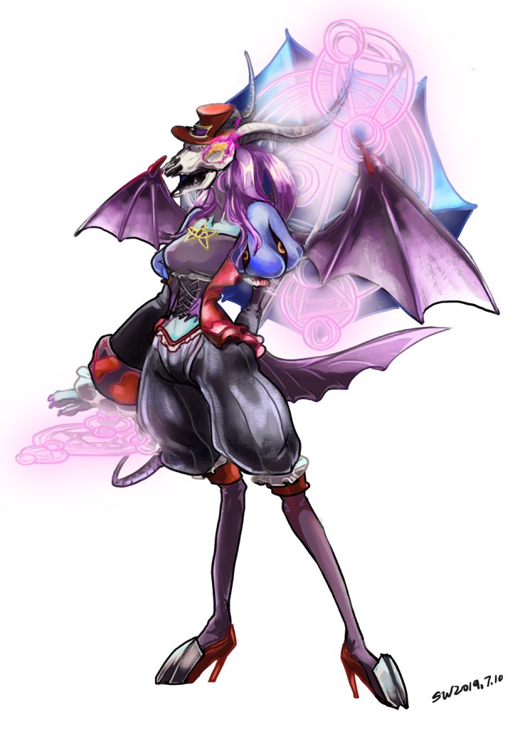 androgynous artist_request breasts creature dated demon demon_wings digimon digimon_(creature) dress fur gender_request holding holding_umbrella horns mephismon mephismon_x-antibody monster no_humans tail translation_request umbrella wings