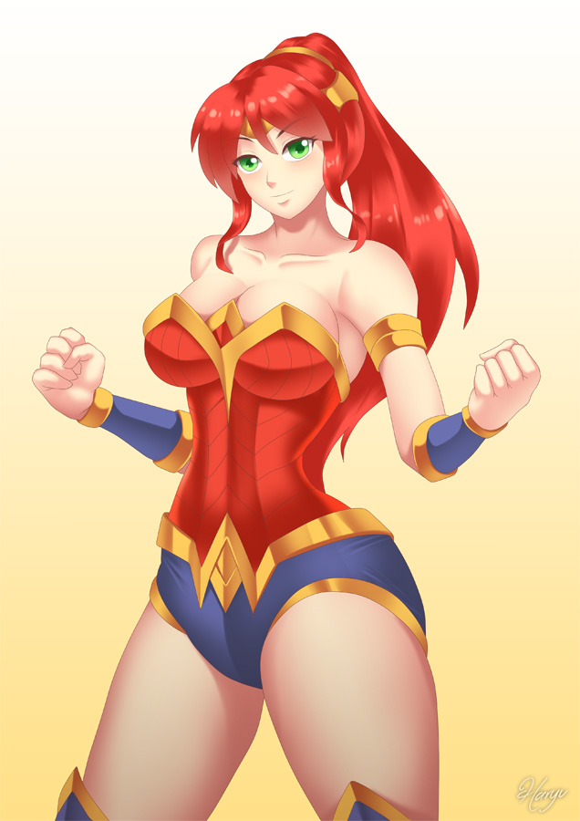 1girl armor artist_name bare_shoulders blue_boots blush boots bracelet breasts cleavage clenched_hands collarbone cosplay dc_comics eyebrows_hidden_by_hair eyes_visible_through_hair gradient_background green_eyes hair_between_eyes hands_up haryu head_tilt high_ponytail jewelry large_breasts leotard long_hair looking_at_viewer multicolored_leotard neck ponytail pyrrha_nikos red_armor red_hair red_leotard roosterteeth rwby smile solo standing strapless strapless_leotard superhero_costume thick_thighs thigh_boots thighs tiara vambraces wonder_woman wonder_woman_(cosplay) wonder_woman_(series) yellow_background