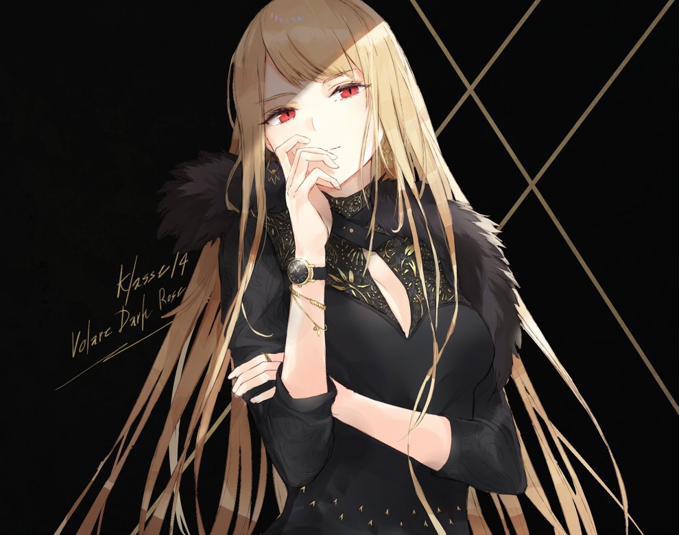 1girl black_background black_jacket blonde_hair breasts closed_mouth female_focus hand_to_own_mouth hand_up jacket kachi large_breasts long_hair looking_at_viewer original red_eyes simple_background smile solo upper_body very_long_hair watch wristwatch