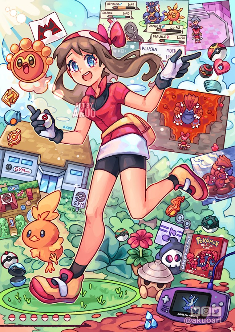 1boy 1girl :d akuo armaldo artist_name badge badge_(pokemon) balance_badge bandana bike_shorts black_gloves black_shorts black_socks blue_eyes box_art brown_hair castform castform_(sunny) commentary dive_ball duskull dynamo_badge english_commentary fanny_pack feather_badge forest full_body game_boy_advance game_link_cable gen_3_pokemon gloves groudon handheld_game_console heat_badge knuckle_badge latios legendary_pokemon looking_at_viewer luxury_ball mawile may_(pokemon) mind_badge nature nest_ball net_ball nintendo open_mouth plant poke_ball pokemon pokemon_(creature) pokemon_gym pokemon_rse potted_plant premier_ball rain_badge red_bandana red_shirt repeat_ball secret_base_(pokemon) seedot shirt short_hair short_sleeves shorts smile socks solrock standing standing_on_one_leg steven_stone stone_badge teeth tent timer_ball torchic two-tone_gloves upper_teeth_only white_gloves zangoose