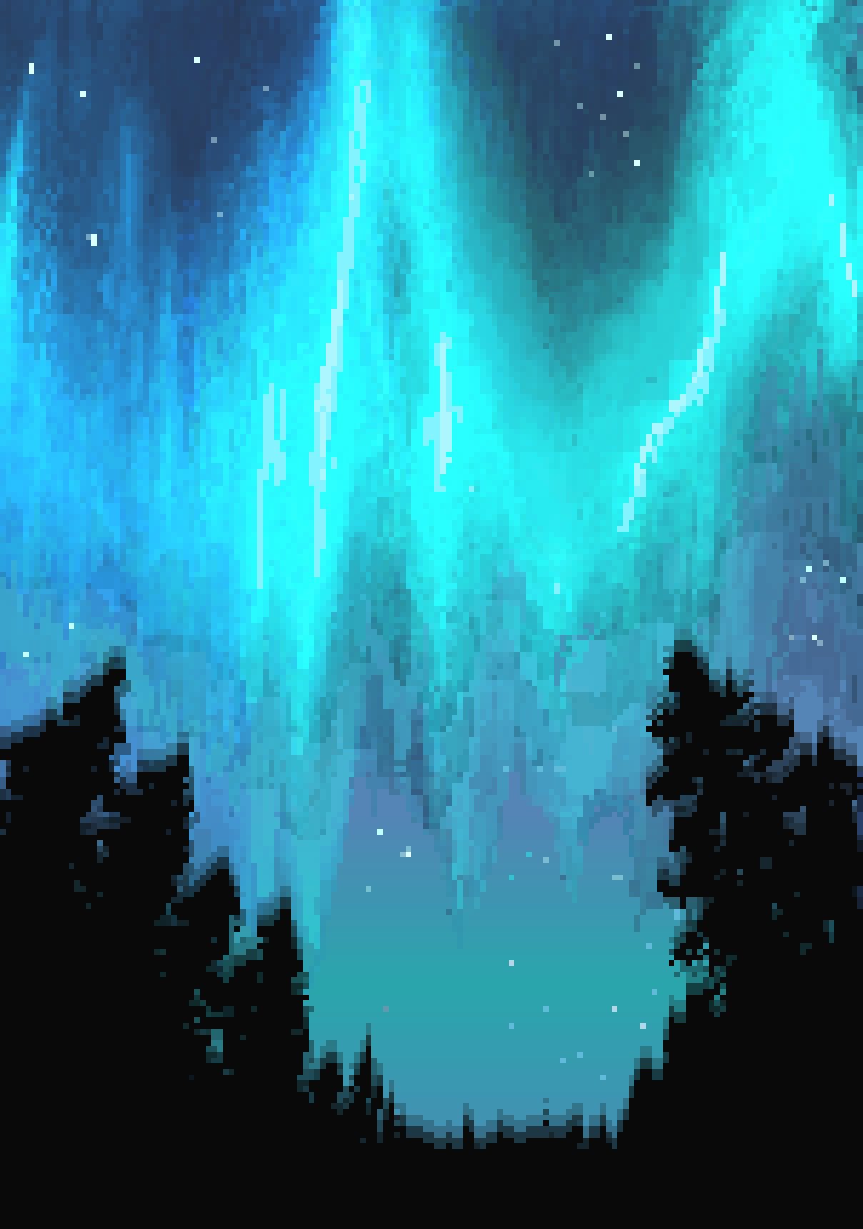 aurora blue_sky forest from_below glowing highres hisachan55cute nature night no_humans original pixel_art scenery silhouette sky star_(sky) starry_sky tree