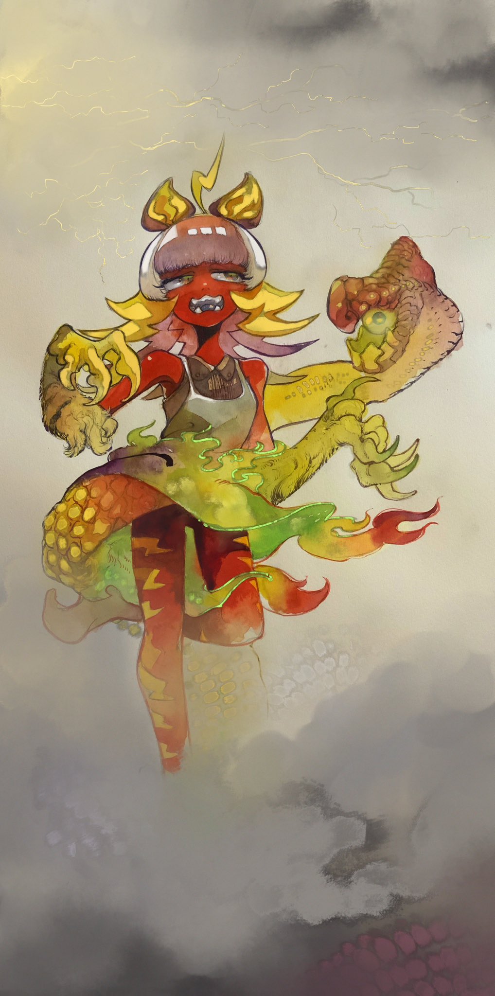 1girl ahoge animal_hands blonde_hair claws colored_skin commentary_request eyeball fangs full_body green_eyes grey_background hands_up highres lightning long_hair long_tail looking_at_viewer monster_girl multicolored_eyes nue open_mouth orange_eyes original oyomotin red_skin smoke solo standing standing_on_one_leg tail tail_mouth very_long_tail white_hair