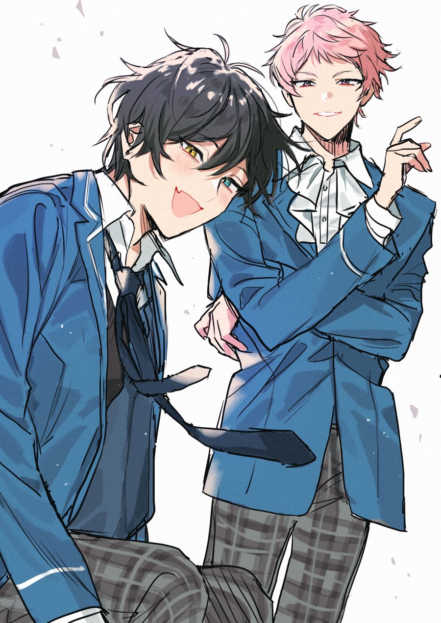 2boys aqua_eyes black_hair blazer blue_necktie collared_shirt commentary ensemble_stars! frills hair_between_eyes heterochromia highres itsuki_shu jacket kagehira_mika lapels long_sleeves looking_at_viewer male_focus multiple_boys necktie open_clothes open_jacket open_mouth pants pink_hair plaid_clothes plaid_pants purple_eyes school_uniform shirt short_hair sweater_vest teeth valkyrie_(ensemble_stars!) wani_(mezo) white_background white_shirt yellow_eyes yumenosaki_school_uniform