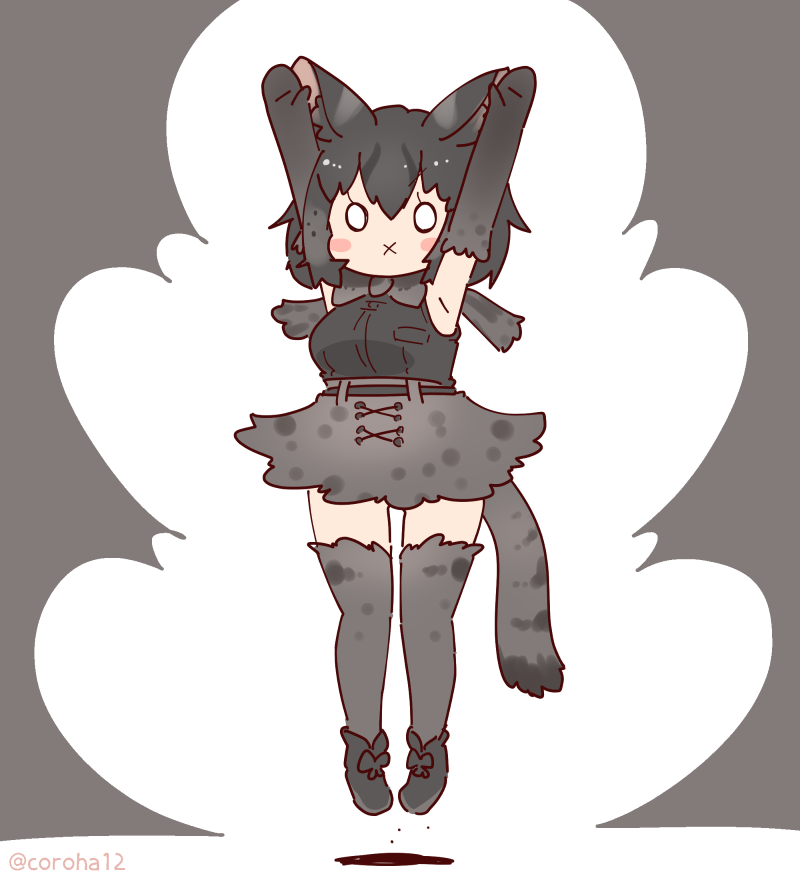 1girl animal_ears arms_up belt black_background black_hair black_serval_(kemono_friends) bow bowtie cat_ears cat_girl cat_tail coroha elbow_gloves extra_ears full_body gloves jumping kemono_friends kemono_friends_3 long_hair looking_at_viewer shirt shoes simple_background skirt sleeveless sleeveless_shirt solo tail thighhighs