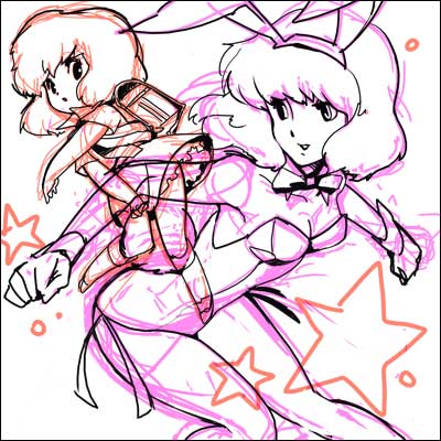 1980s_(style) 2girls animal_ears backpack bad_id bad_pixiv_id bag daicon daicon_bunny_girl daicon_iii daicon_iv dual_persona fake_animal_ears gainax leotard lowres mekameka_shii multiple_girls nihon_sf_taikai oldschool playboy_bunny rabbit_ears randoseru retro_artstyle sketch