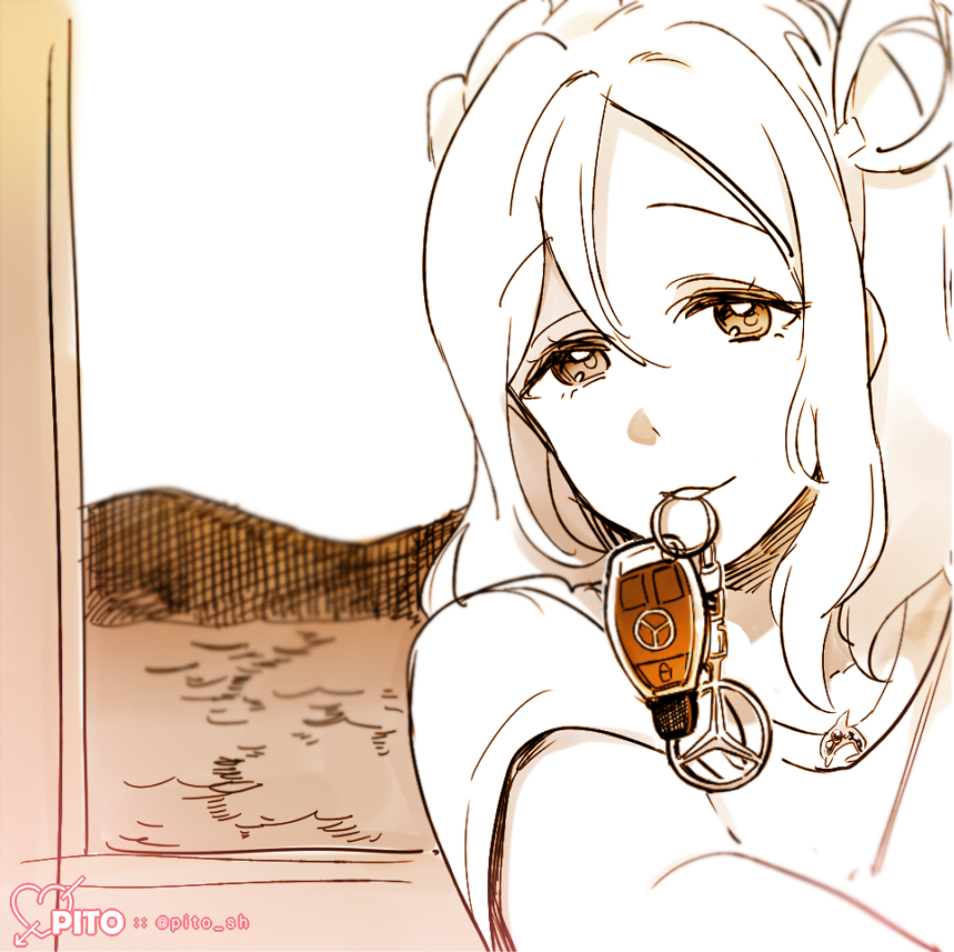 10s 1girl artist_name bad_id bad_twitter_id braid charm_(object) commentary_request crown_braid dolphin_pendant female_focus looking_at_viewer love_live! love_live!_sunshine!! mercedes-benz monochrome mouth_hold ohara_mari pito_(sh02327) reaching reaching_towards_viewer selfie short_sleeves sketch smile solo twitter_username upper_body water window