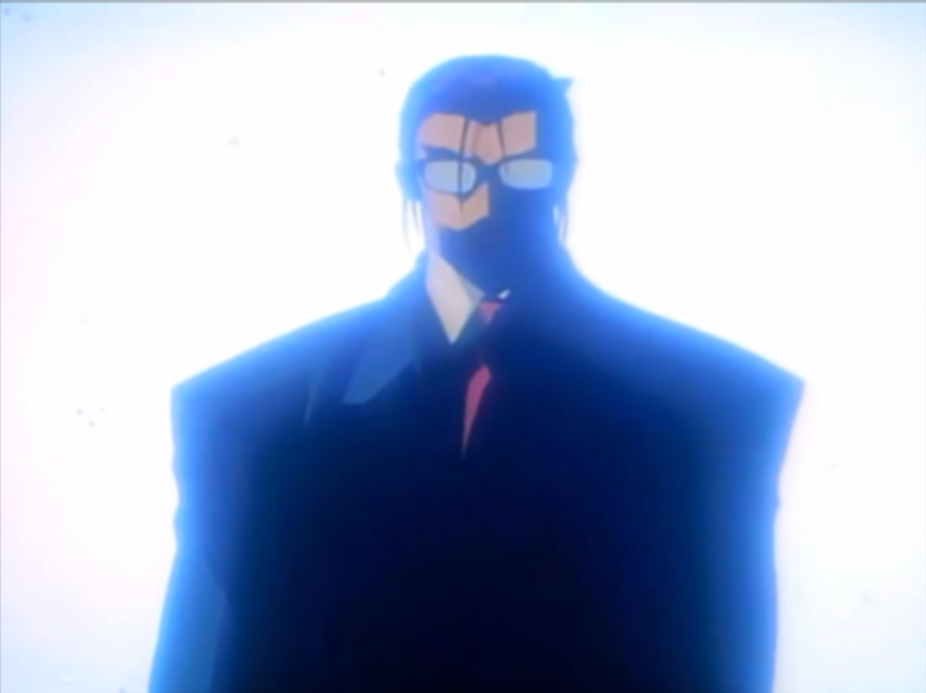 1990s_(style) 1boy choujin_gakuen_gowcaizer formal_clothes fudomaru glasses light necktie oobari_masami retro_artstyle screencap shadow sitting suit