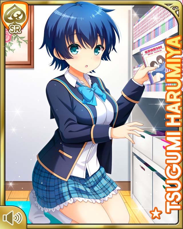 1girl :o aqua_eyes bedroom blazer blouse blue_eyes blue_hair blue_jacket blue_skirt bookcase bow bowtie breasts card_(medium) character_name collared_shirt day eyebrows_hidden_by_hair girlfriend_(kari) green_eyes hair_between_eyes harumiya_tsugumi indoors jacket kneeling large_breasts long_hair long_sleeves looking_at_viewer official_art open_mouth plaid_clothes plaid_skirt pleated_skirt qp:flapper school_uniform shirt short_hair skirt solo sweater sweater_vest tagme tomboy white_shirt