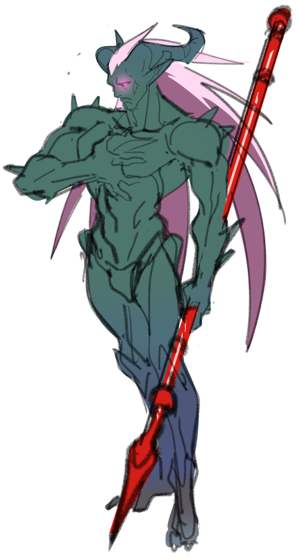 1boy closed_mouth collarbone demon demon_boy frown glowing glowing_eyes holding holding_polearm holding_spear holding_weapon horns long_hair male_focus nude original pink_eyes pink_hair pointy_ears polearm sketch solo spear spikes standing watatanza weapon