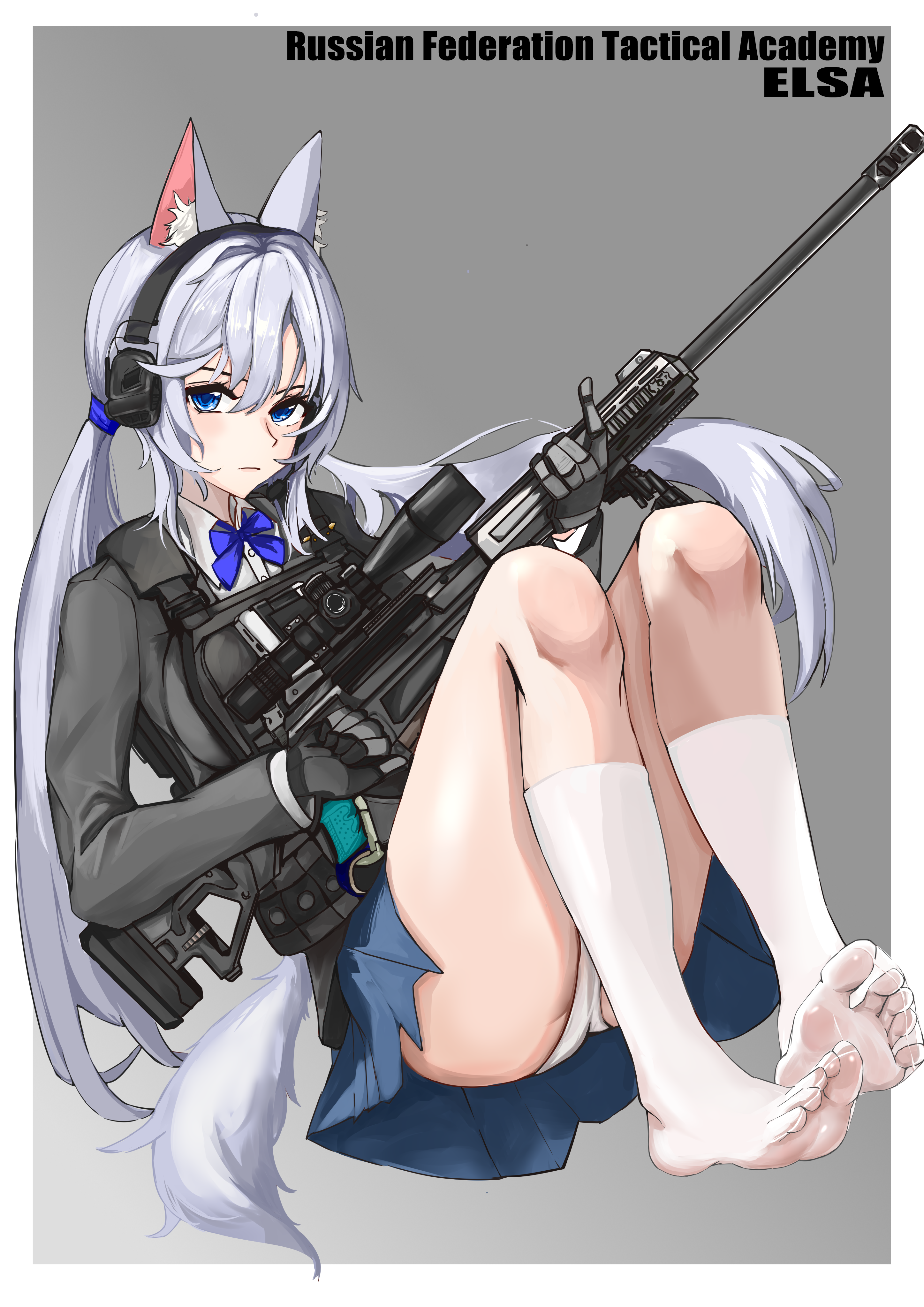 1girl absurdres animal_ears blue_eyes bolt_action feet grey_background grey_hair gun headset highres kneehighs long_hair looking_at_viewer low_twintails mirce_raven muzzle_device panties pantyshot rail_(weapon) rifle scope see-through_clothes see-through_legwear simple_background sniper_rifle socks soles tail toes twintails underwear weapon white_socks
