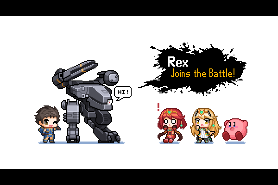 1boy 2girls blonde_hair cannon directed-energy_weapon earrings energy_cannon energy_weapon free-electron_laser_cannon jewelry kirby kirby_(series) laser_cannon long_hair magnetic_weapon mecha metal_gear_(robot) metal_gear_(series) metal_gear_rex metal_gear_solid miniskirt multiple_girls mythra_(massive_melee)_(xenoblade) mythra_(xenoblade) name_connection nintendo pixel_art pyra_(xenoblade) railgun red_hair redforge rex_(xenoblade) robot short_hair simple_background skirt super_smash_bros. tiara weapon xenoblade_chronicles_(series) xenoblade_chronicles_2