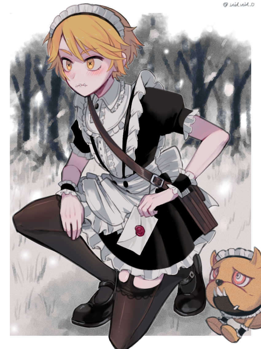 1boy back_bow bag black_dress blonde_hair blush bow center_frills closed_mouth collar crossdressing crossdressing_(mtf) dog dress envelope forest frilled_collar frilled_cuffs frilled_dress frilled_sleeves frills garter_straps holding holding_envelope identity_v maid_headdress male_focus mary_janes nature on_one_knee puffy_short_sleeves puffy_sleeves satchel shoes short_hair short_sleeves solo stitched_mouth stitches tendenbarabara thighhighs twitter_username victor_grantz wick_(identity_v) wrist_cuffs yellow_eyes