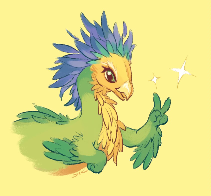 1other beak character_request feathers laoshui monster monster_hunter_(series) monster_hunter_wilds multicolored_feathers no_humans seikret_(monster_hunter) solo sparkle v yellow_background