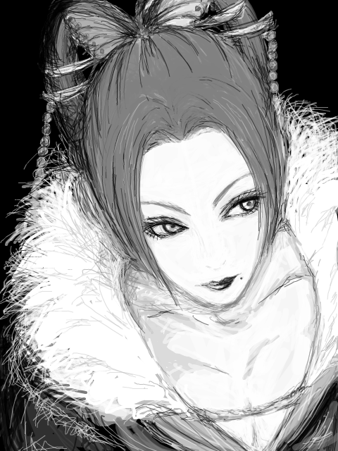 breasts butterfly_hair_ornament cleavage eyelashes fur_trim hair_ornament large_breasts lips lipstick makeup mole mole_under_mouth monochrome nouhime parted_bangs sengoku_musou sketch