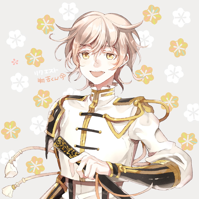 10s 1boy armor bad_id bad_pixiv_id blonde_hair flower houhou_(black_lack) japanese_armor kote male_focus monoyoshi_sadamune open_mouth shoulder_armor smile sode tassel touken_ranbu yellow_eyes