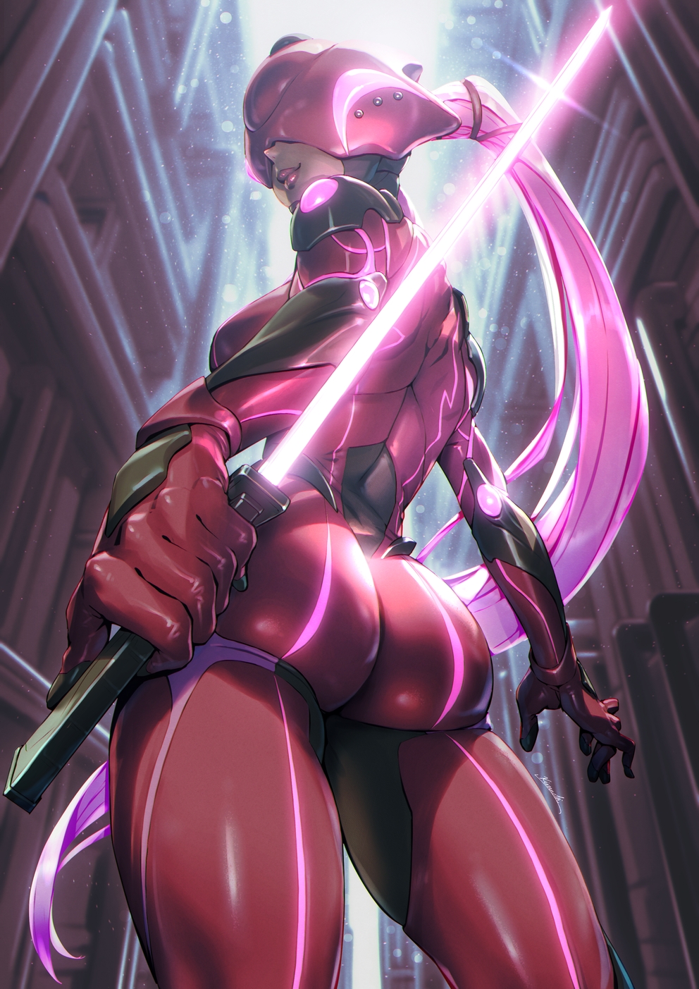 1girl ass bodysuit commentary commission covered_eyes energy_sword english_commentary from_behind highres holding holding_sword holding_weapon kionaoki mixed-language_commentary original ponytail red_bodysuit skin_tight solo sword weapon