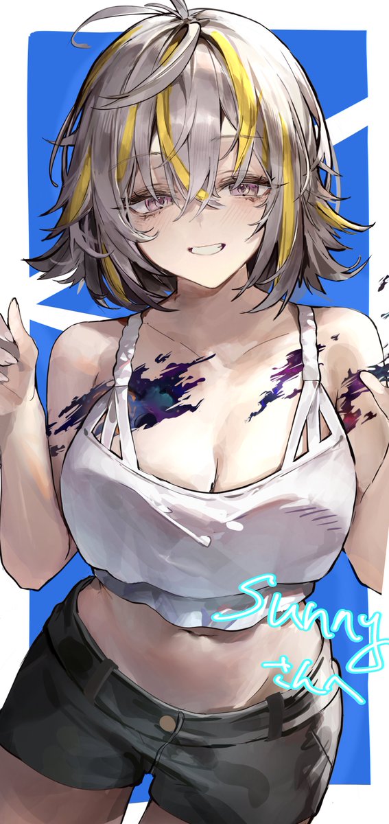1girl black_shorts blonde_hair breasts character_name cleavage collarbone crop_top grey_eyes grey_hair hair_between_eyes highres indie_virtual_youtuber kabi_(zcwd8845) multicolored_hair second-party_source shorts smile solo streaked_hair sunny_splosion sunny_splosion_(casual) tank_top virtual_youtuber white_tank_top