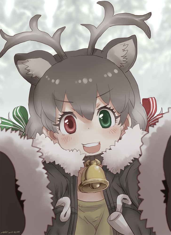 animal_ears antlers bell blush bow brown_hair coat deer_ears extra_ears fur_collar fur_trim green_bow green_coat green_eyes green_shirt hair_between_eyes hair_bow heterochromia horns kemono_friends long_hair long_sleeves multicolored_hair neck_bell nyororiso_(muyaa) open_clothes open_coat open_mouth pov reaching reaching_towards_viewer red_bow red_eyes reindeer_(kemono_friends) reindeer_antlers reindeer_girl shirt sidelocks smile snow twintails white_fur winter_clothes winter_coat