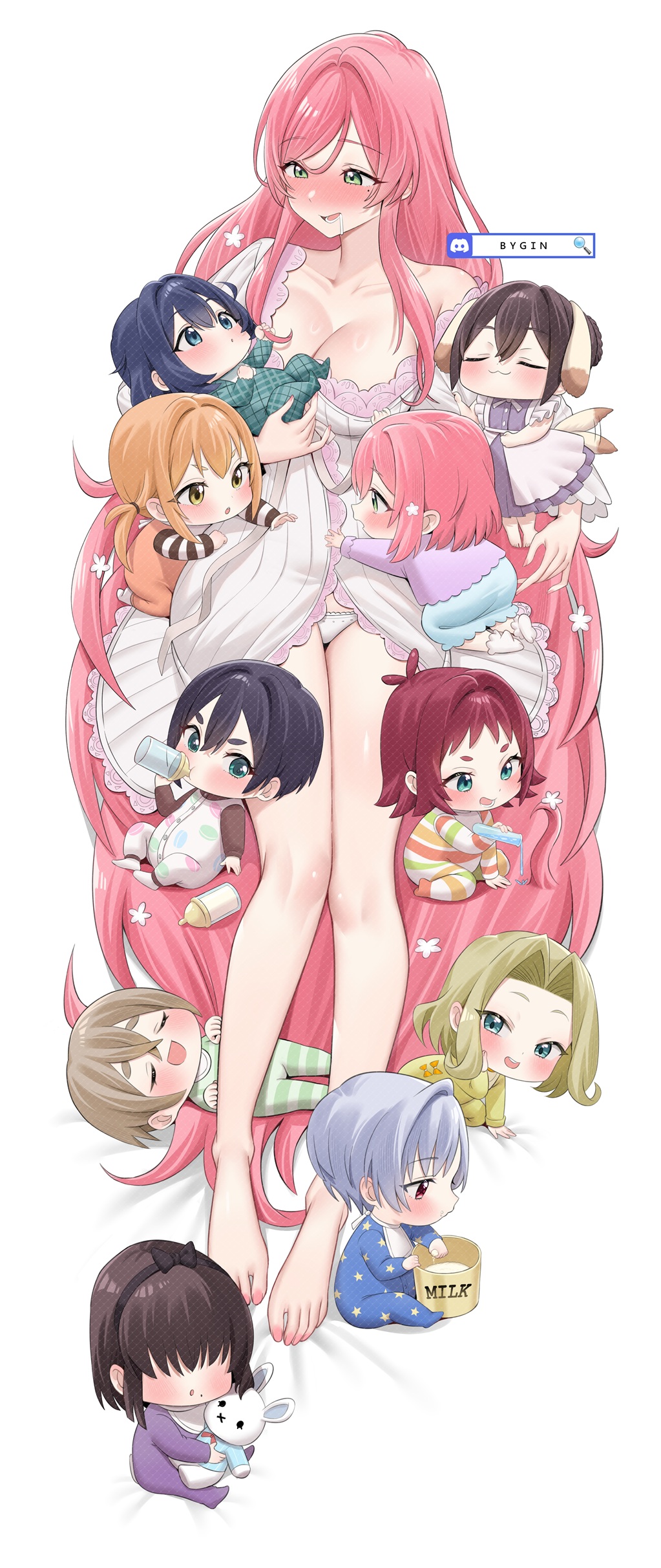 6+girls :o absurdres aged_down baby baby_bottle barefoot black_hair black_hairband blonde_hair blush bottle bow_hairband breasts brown_eyes bygin character_request cleavage closed_eyes closed_mouth collarbone crossed_bangs dress drinking eiai_nano female_focus flower green_eyes hair_flower hair_ornament hair_over_eyes hairband hanazono_hahari hanazono_hakari haraga_kurumi highres holding holding_bottle holding_stuffed_toy inda_karane kakure_meme kimi_no_koto_ga_dai_dai_dai_dai_daisuki_na_100-nin_no_kanojo large_breasts legs long_hair maid mature_female meido_mei milk multiple_girls orange_hair panties parted_lips pink_hair purple_dress red_eyes red_hair short_hair simple_background smile star_(symbol) star_hair_ornament stuffed_animal stuffed_rabbit stuffed_toy sutou_iku swept_bangs thick_eyebrows thighs toes underwear utsukushisugi_mimimi very_long_hair white_background white_panties yakuzen_kusuri yellow_eyes yoshimoto_shizuka