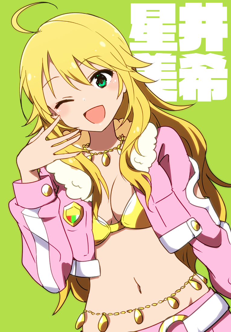 1girl ahoge belly_chain belt blonde_hair blush bra breasts character_name cleavage clothing_cutout crop_top cropped_jacket dot_nose fur-trimmed_collar fur_trim green_background green_eyes hand_up hoshii_miki idolmaster idolmaster_(classic) idolmaster_million_live! idolmaster_million_live!_theater_days jacket jewelry kidachi large_breasts long_hair long_sleeves looking_at_viewer luxury_(idolmaster) midriff navel necklace one_eye_closed open_hand open_mouth pink_diamond_765_(idolmaster) pink_jacket pink_shorts shorts simple_background smile solo underwear upper_body white_belt yellow_bra