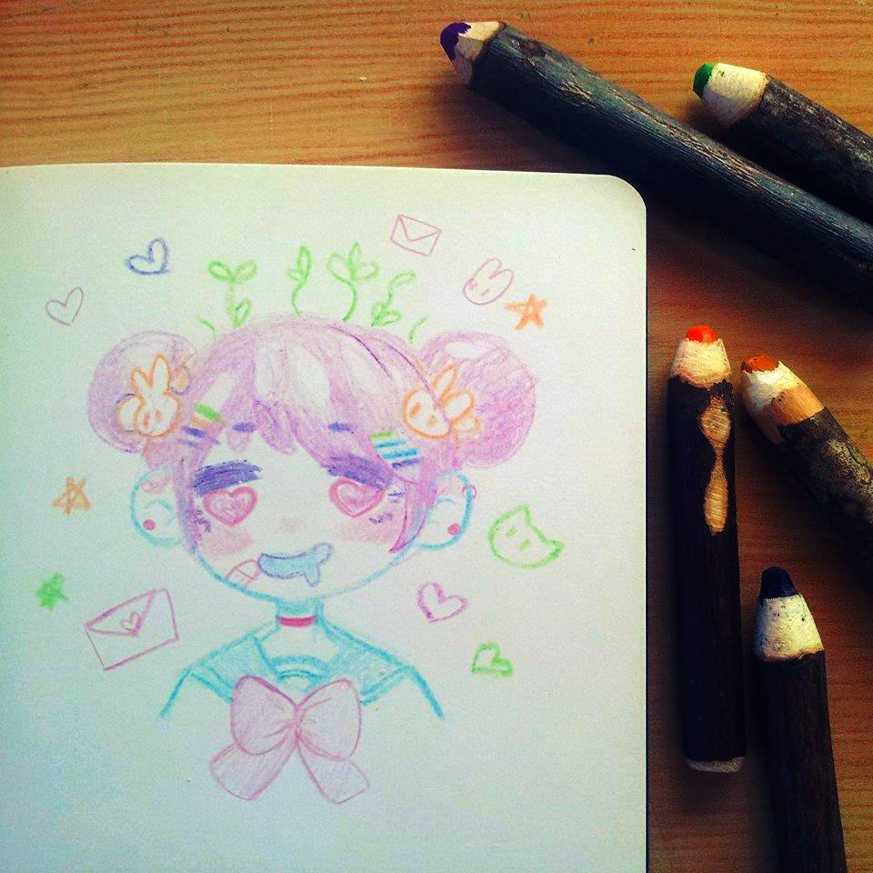 1girl bandaid bandaid_on_face blue_sailor_collar bow bowtie commentary crisalys double_bun drooling english_commentary hair_bun heart heart-shaped_eyes letter looking_to_the_side love_letter open_mouth original pastel_(medium) pastel_colors pastels photo_(medium) pink_bow pink_eyes pink_hair plant sailor_collar school_uniform traditional_media