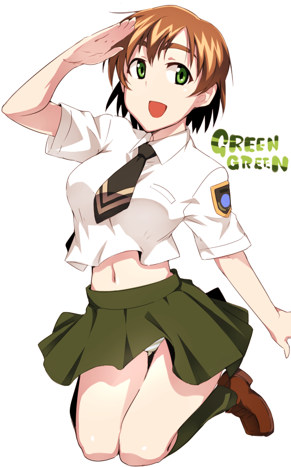 00s 1girl :d brown_hair chitose_midori em_(totsuzen_no_hakike) female_focus green_eyes green_green green_skirt knees_together_feet_apart loafers navel necktie open_mouth panties pantyshot shoes short_hair short_sleeves simple_background skirt smile solo striped_clothes striped_panties underwear white_background
