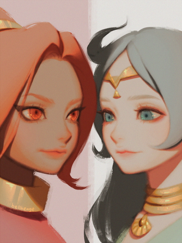 2girls artist_name bellhenge blue_eyes blue_hair din jewelry looking_at_another multiple_girls nayru necklace nintendo red_eyes red_hair smile split split_theme the_legend_of_zelda the_legend_of_zelda:_oracle_of_ages the_legend_of_zelda:_oracle_of_seasons tiara