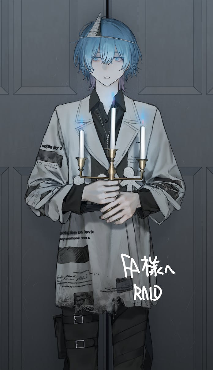 1boy belt black_pants black_shirt blue-fire blue_eyes blue_hair candelabra candlestand coat colored_inner_hair commentary commission cross cross_necklace english_commentary ghost grey_coat highres hirota_tsuu jewelry long_sleeves male_focus multicolored_hair necklace original pants parted_lips pouch shirt short_hair skeb_commission solo thigh_pouch triangular_headpiece