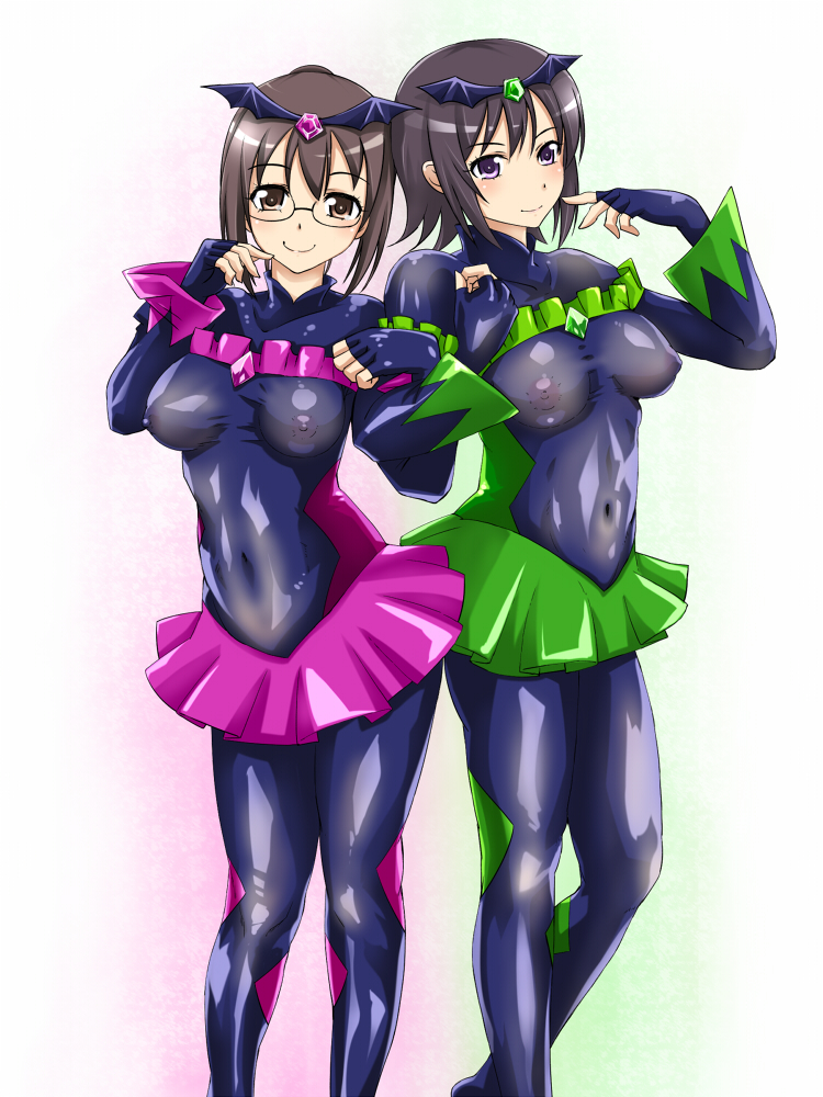 2girls bad_end_happy bad_end_happy_(cosplay) bad_end_march bad_end_march_(cosplay) bad_end_precure black_bodysuit black_hair bodysuit boku_wa_tomodachi_ga_sukunai breasts brown_eyes brown_hair color_connection cosplay covered_erect_nipples covered_navel crossover crossover_cosplay female_focus fukuen_misato glasses hair_ornament impossible_clothes large_breasts locked_arms mikazuki_yozora multiple_girls nipples pleated_skirt ponytail precure purple_eyes see-through_clothes shiguma_rika shiny_clothes short_hair skin_tight skirt smile smile_precure! tetsukui voice_actor_connection
