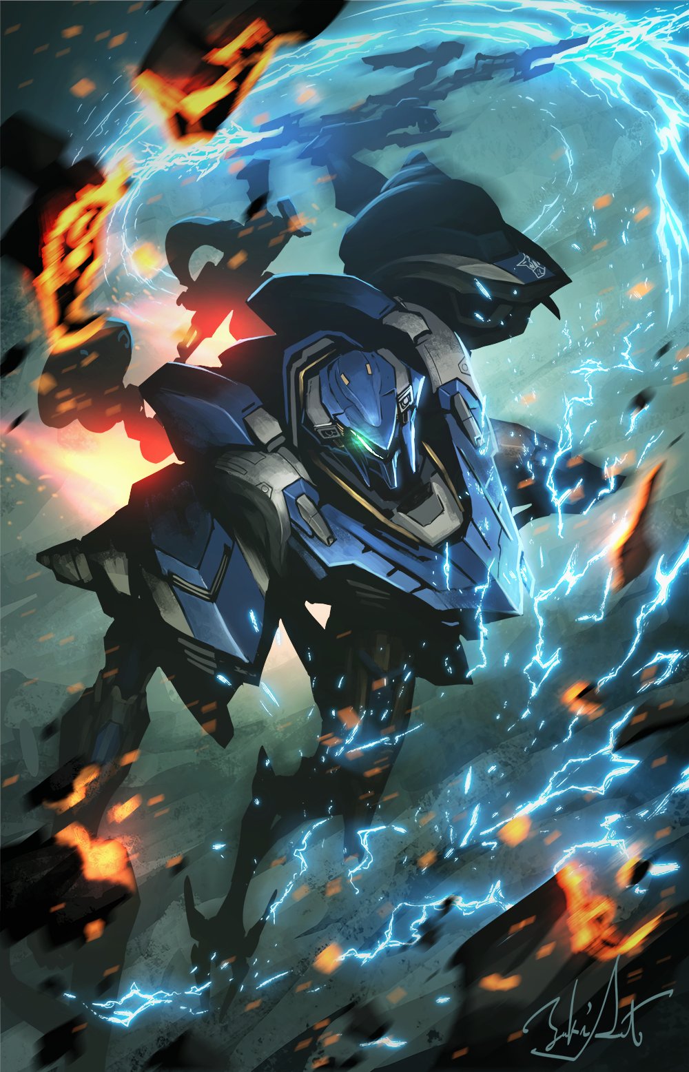 armored_core armored_core_vi:_fires_of_rubicon electricity energy_sword glowing glowing_eyes green_eyes highres mecha mecha_focus molten_metal no_humans reverse-jointed_legs robot satoyuki science_fiction steel_haze sword v.iv_rusty weapon
