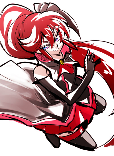 10s 1girl biho_(tsuinku) black_gloves black_thighhighs blue_eyes boots elbow_gloves female_focus genderswap genderswap_(mtf) gloves hair_ribbon happinesscharge_precure! high_ponytail long_hair magical_girl phantom_(happinesscharge_precure!) ponytail precure red_hair red_skirt ribbon skirt smile solo thigh_boots thighhighs unlovely_(happinesscharge_precure!) very_long_hair white_background wide_ponytail