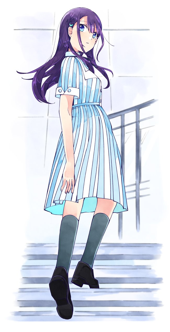 1girl 22/7 black_shoes blue_dress blue_eyes center-flap_bangs dress fanged_bangs from_behind from_below full_body grey_socks hair_ornament highres ichinose_hotaru loafers long_hair looking_ahead medium_dress mole mole_under_eye purple_hair rikaisha shoes short_sleeves socks solo stairs standing striped_clothes striped_dress tile_wall tiles trefle_r twisted_torso vertical-striped_clothes vertical-striped_dress