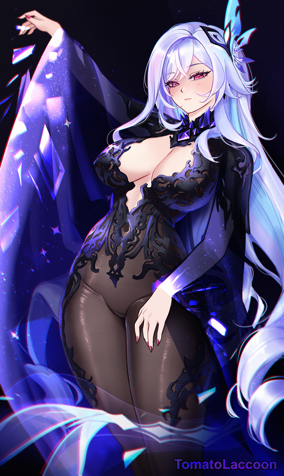 1girl alternate_costume artist_name black_dress bodystocking breasts chronopattern_dress cleavage closed_mouth commentary dress english_commentary genshin_impact hair_ornament highres large_breasts long_hair meme_attire paid_reward_available purple_eyes purple_nails skirk_(genshin_impact) solo tomatolaccoon white_hair