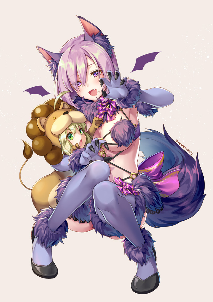 2girls ahoge animal_ears artoria_pendragon_(fate) beige_background blonde_hair blush bow breasts claw_pose elbow_gloves fang fate/grand_order fate_(series) full_body fur-trimmed_gloves fur-trimmed_legwear fur_collar fur_trim gloves green_eyes hair_over_one_eye half-closed_eyes large_bow large_breasts looking_at_viewer mash_kyrielight mash_kyrielight_(dangerous_beast) multiple_girls ne-on o-ring o-ring_top official_alternate_costume open_mouth purple_bow purple_eyes purple_gloves purple_hair revealing_clothes saber_(fate) saber_lion short_hair sidelocks simple_background smile tail thighhighs twitter_username wolf_ears wolf_tail