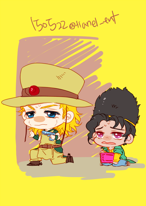 2boys black_hair blonde_hair blue_eyes boingo book chaps chibi cowboy_hat dark-skinned_male dark_skin denim emperor_(stand) gun hat hol_horse jeans jojo_no_kimyou_na_bouken male_focus multiple_boys pants pelvic_curtain purple_eyes sitting stand_(jojo) stardust_crusaders thoth_(stand) tianel_ent visor_cap weapon yokozuwari