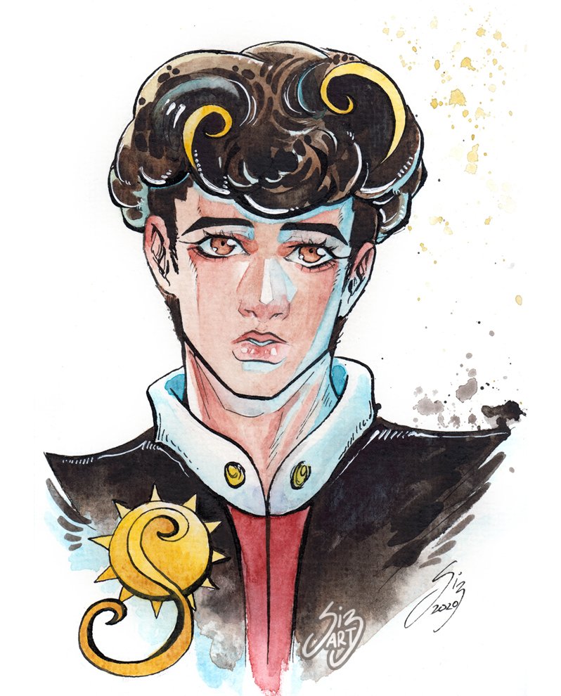 1boy afro black_hair black_shirt blonde_hair brown_eyes high_collar jojo_no_kimyou_na_bouken jojolion looking_at_viewer male_focus multicolored_hair painting_(medium) parted_lips shirt si3art solo_focus spiral sun_print tooru_(jojolion) traditional_media upper_body watercolor_(medium) white_background