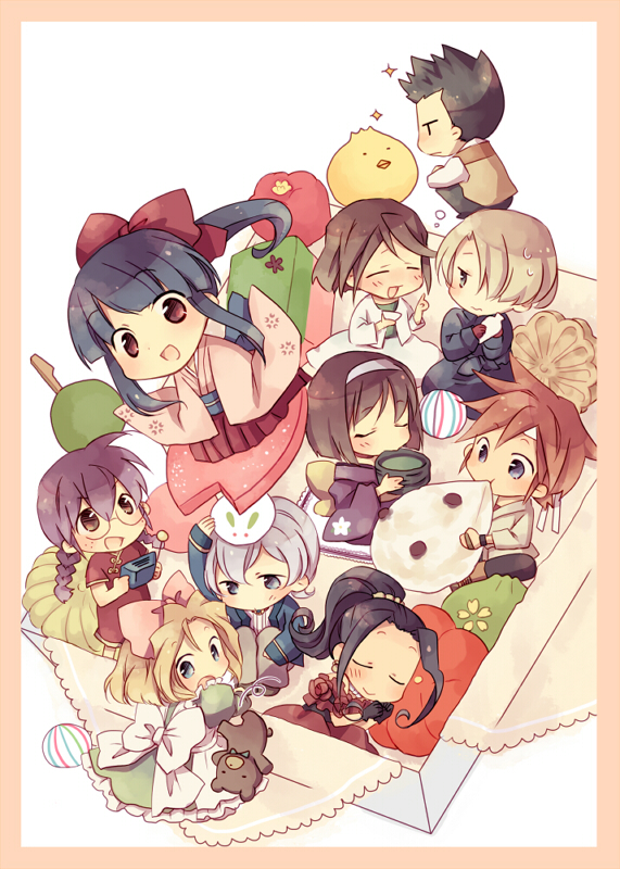 00s 4boys 6+girls bento black_hair blonde_hair blue_eyes blush bow braid brown_hair chibi china_dress chinese_clothes closed_eyes dress drinking eating everyone food fujieda_kaede fuurin_kingyou glasses happy iris_chateaubriand jean-paul jean_paul kanzaki_sumire kirishima_kanna long_hair maria_tachibana mini_person miniboy minigirl multiple_boys multiple_girls oogami_ichirou pink_bow ponytail reni_milchstrasse ri_kouran sakura_taisen sakura_taisen_ii sega shinguuji_sakura short_hair simple_background sitting smile soletta_orihime stuffed_animal stuffed_toy teddy_bear twin_braids wato