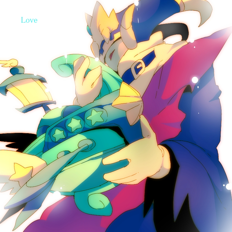 angel_wings belt belt_buckle belt_collar blue_belt blue_horns blue_robe buckle collar commentary_request couple english_text from_side gloves half-closed_eyes horns kirby_(series) large_horns long_sleeves lor_starcutter magolor mast master_crown nintendo no_humans oar red_eyes red_tabard robe scarf shirushiki solid_eyes spacecraft star_(symbol) tabard torn_clothes torn_sleeves white_background white_gloves white_scarf wide_sleeves wings yellow_headwear