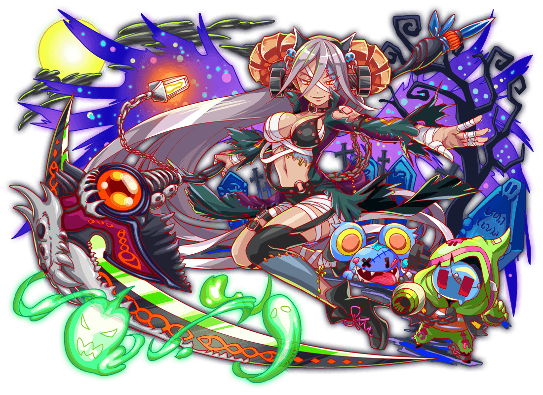 1girl 2boys absurdly_long_hair agent_joe alternate_color alternate_costume alternate_fur_color alternate_horns alternate_skin_color alternate_weapon alternate_wing_color alternate_wings animal_skull anime_coloring ankle_boots aqua_mask arm_cannon artist_request bandaged_chest bandaged_fingers bandaged_hand bandaged_leg bandaged_wrist bandages baphomet_(crash_fever) bare_tree belt belt_buckle black_belt black_bra black_choker black_coat black_eyes black_garter_straps black_jacket black_shorts black_skin blue_fur blue_outline bodysuit bodysuit_under_clothes bolt_(hardware) boots bra bra_over_clothes buckle chain chain_around_arm chained_legs chained_wrists choker claw_pose cloud coat collarbone colored_skin crash_fever cross-laced_footwear curled_horns dark-skinned_female dark_skin fake_text full_body full_moon game_cg garter_straps ghost graveyard green_bodysuit green_outline grey_hair grey_skin hair_between_eyes hair_ornament halloween high_collar high_heel_boots high_heels holding holding_scythe horns huge_weapon jacket jerry_(crash_fever) knees_together_feet_apart lantern legs_apart light_particles long_hair looking_at_viewer mask mature_female micro_shorts midriff moon multicolored_skin multiple_boys navel number_print number_tattoo numbered o-ring o-ring_belt o-ring_choker object_through_head official_alternate_color official_alternate_costume official_alternate_fur_color official_alternate_skin_color official_alternate_weapon official_alternate_wing_color official_alternate_wings official_art open_clothes open_coat open_hand open_mouth outdoors outline patchwork_clothes print_hood pumpkin purple_wings rectangular_eyes red_eyes red_outline red_shirt screw_in_head scythe sharp_teeth shirt shorts shoulder_tattoo silver_chain single_garter_strap skull_hair_ornament skull_mask skull_ornament smile solo_focus spread_legs square square_print square_tattoo stitched_face stitched_leg stitched_sleeves stitches straight_hair striped_clothes striped_shirt tachi-e tattoo teeth third-party_source tombstone tongue tongue_out torn_bodysuit torn_clothes torn_coat torn_collar torn_hood torn_sleeves transparent_background tree two-tone_shirt underwear very_long_hair weapon white_shirt wings yellow_eyes yellow_moon