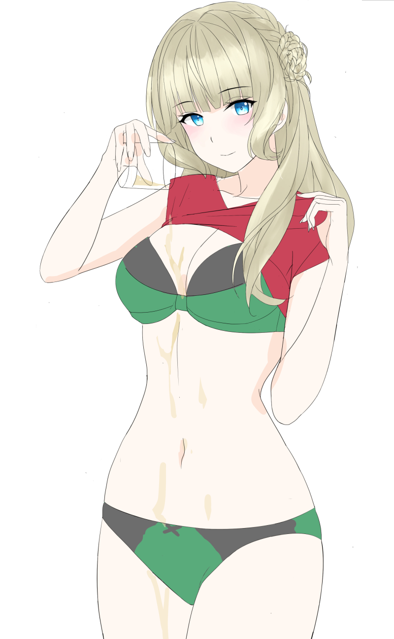 1girl blonde_hair blue_eyes blunt_bangs bra braid braided_bun breasts cleavage clothes_lift commentary_request green_bra green_panties hair_bun highres kantai_collection medium_breasts panties pouring ranger_(kancolle) shirt_lift simple_background solo takase_asagiri underwear white_background