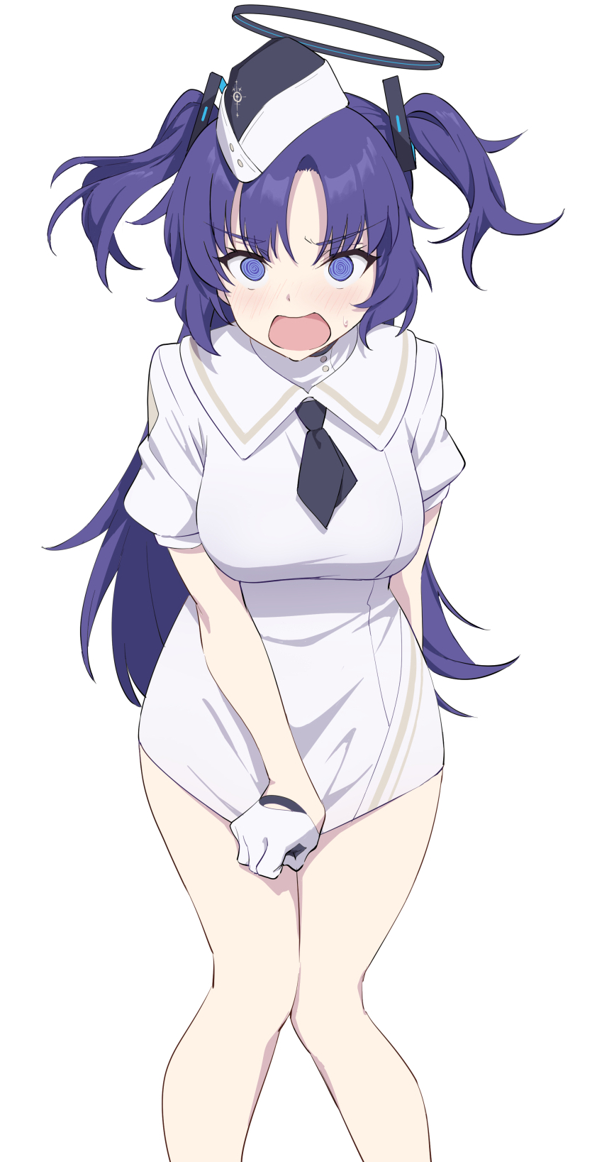 1girl @_@ black_necktie blue_archive dress dress_tug embarrassed feet_out_of_frame furrowed_brow garrison_cap gloves half_gloves halo hat highres impossible_clothes knees_together_feet_apart long_hair looking_at_viewer necktie ochiaki open_mouth parted_lips purple_hair sailor_collar short_dress short_necktie simple_background solo standing sweatdrop two_side_up utnapishtim_operator_uniform_(blue_archive) v-shaped_eyebrows white_background white_dress white_gloves yuuka_(blue_archive)