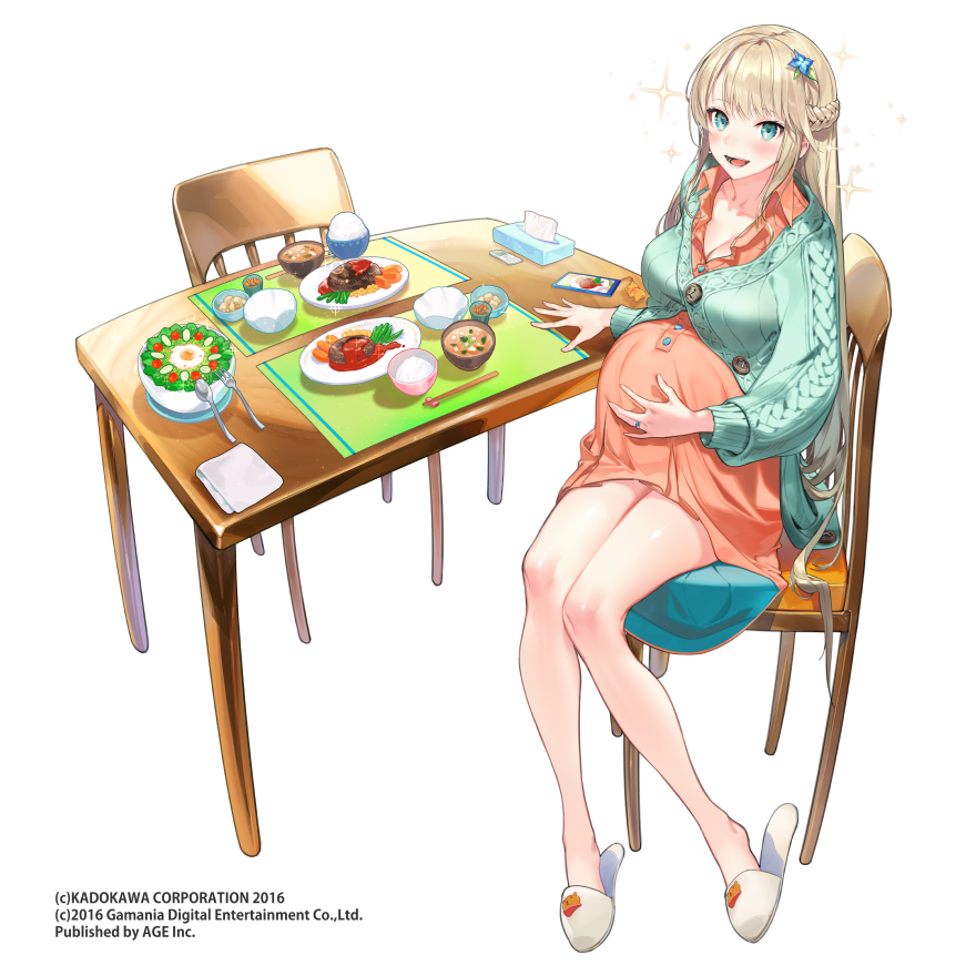 1girl bare_legs belly blonde_hair blue_eyes blush bowl braid buttons cardigan cellphone cellphone_charm chair charm_(object) chopstick_rest chopsticks collared_dress company_name dress female_focus food full_body hair_ornament half_updo hand_on_own_stomach jewelry kansen_x_shoujo knees_together_feet_apart kodama_(wa-ka-me) legs long_hair long_sleeves looking_at_viewer meal meat mishijima_ayane open_mouth orange_dress partially_unbuttoned phone pregnant rice rice_bowl ring salad sandals short_dress simple_background sitting slippers smartphone smile solo soup sparkle table tissue_box very_long_hair watermark wedding_band white_background