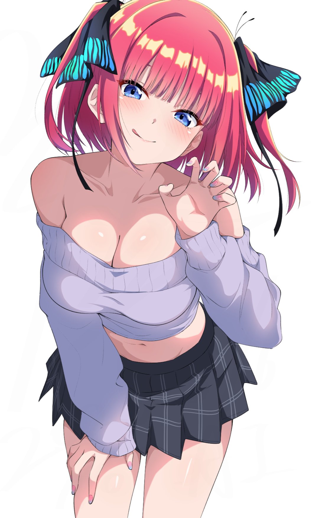 1girl black_ribbon black_skirt blue_eyes blunt_bangs breasts butterfly_hair_ornament cleavage commentary cropped_sweater go-toubun_no_hanayome gradient_nails hair_ornament hand_on_own_thigh highres large_breasts leaning_forward long_sleeves looking_at_viewer medium_hair midriff nail_polish nakano_nino navel nishizuki_shino off-shoulder_sweater off_shoulder pink_hair plaid_clothes plaid_skirt purple_sweater ribbon skirt smile solo sweater two_side_up white_background