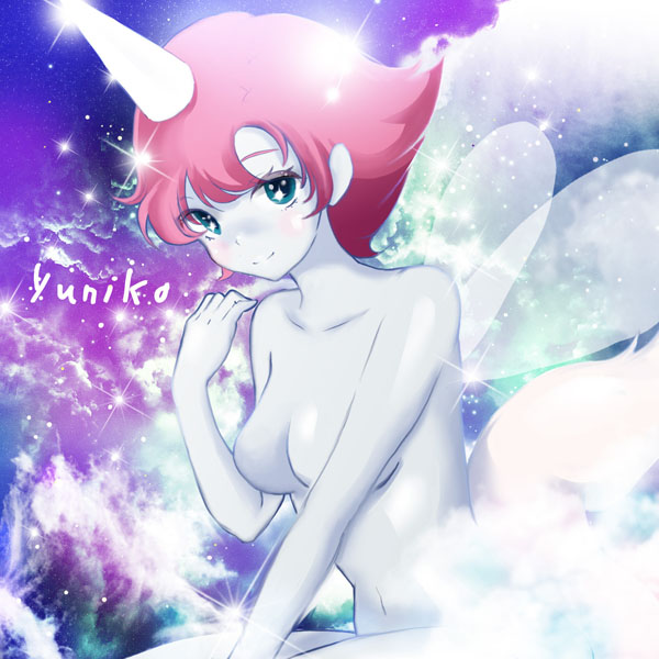 1980s_(style) 1girl breasts female_focus gender_request genderswap getoverawall green_eyes horns looking_at_viewer navel nude oldschool personification pink_hair retro_artstyle single_horn smile solo sparkle star_(symbol) tail unico unico_(character) wings